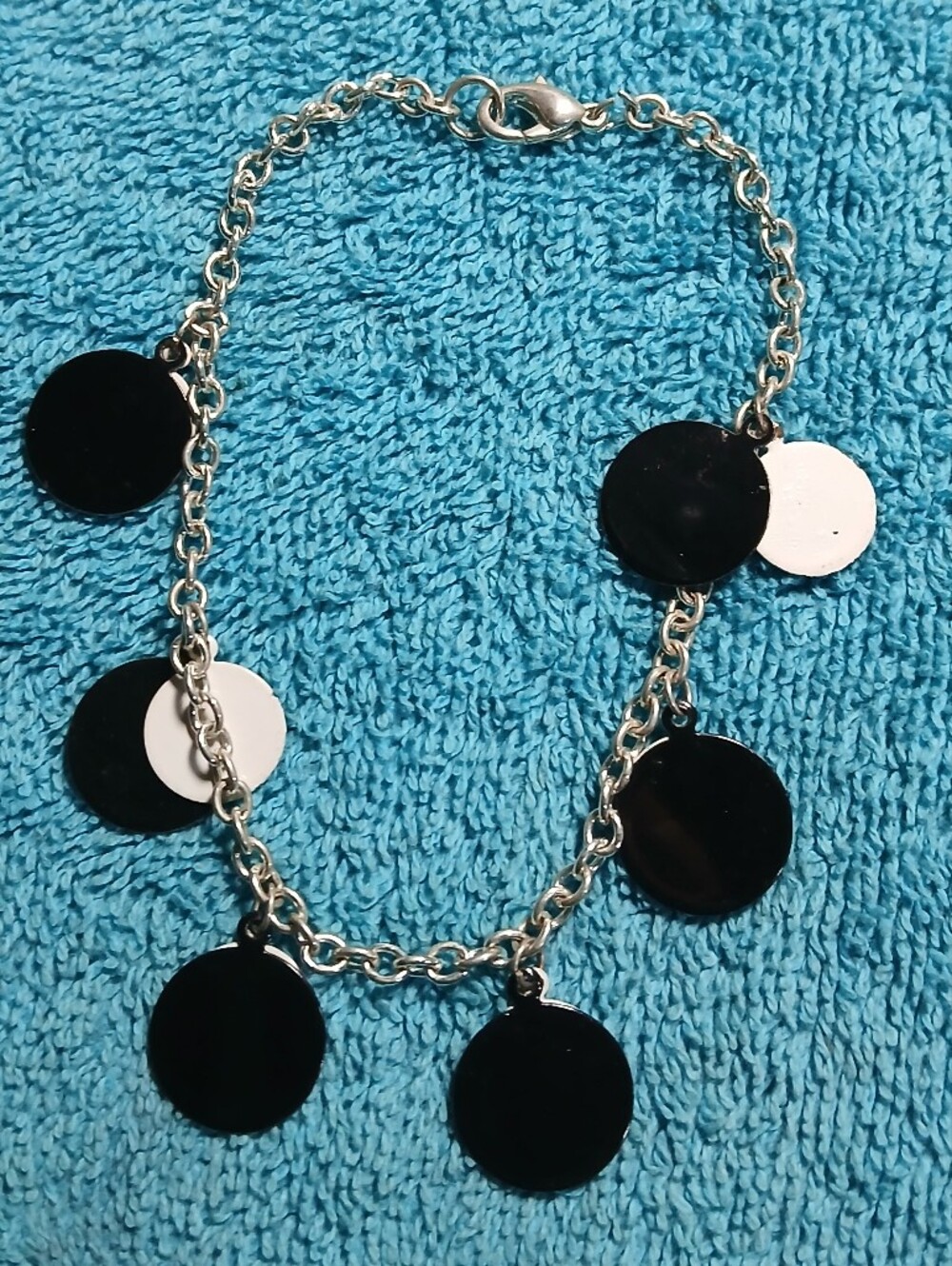 Silver Tone Chain Bracelet with Black and White Discs
